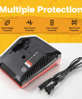 Heavy Duty 18V Battery Charger With 3.0A No Sweat Fast Charging For All Porter Cable 18 Volt Cordless Power Tools showing safety features.