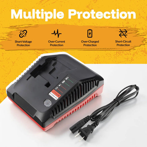 Heavy Duty 18V Battery Charger With 3.0A No Sweat Fast Charging For All Porter Cable 18 Volt Cordless Power Tools showing safety features.