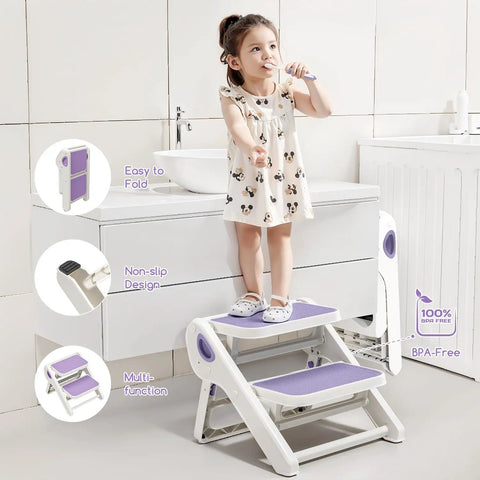 Tough As Nails Foldable Toddler Step Stool For Bathroom Sink And Kitchen Counter Two Step Kids Helper For Potty Training Non Slip Base Effortless Fold Up Kid Sidekick Assistant