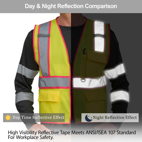 Extra Large Pink Hi Vis Safety Vest For Women Featuring Wide Reflective Tape Boss Level Day And Night Visibility showcased in a light and dark setting.