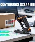1D 2D QR Barcode Scanner With Adjustable Folding Stand And Charging Cradle, shown scanning a barcode on a cardboard box.