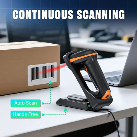 1D 2D QR Barcode Scanner With Adjustable Folding Stand And Charging Cradle, shown scanning a barcode on a cardboard box.