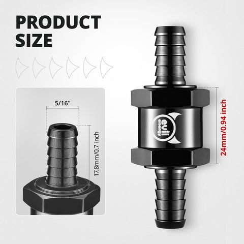 Five Sixteenths Inch Inline Fuel Check Valve One Way Non Return For Diesel And Gasoline Aluminum 6061 T6 Black Finish