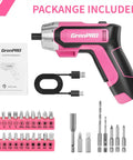 4V Cordless USB Rechargeable Screwdriver Kit With 29 Bits, Pink Handy Mini Power Tool, includes manual and USB cable