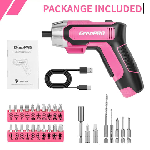 4V Cordless USB Rechargeable Screwdriver Kit With 29 Bits, Pink Handy Mini Power Tool, includes manual and USB cable