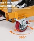 Badass Heavy Duty Hydraulic Lift Cart, 770 Lb Manual Scissor Table showing 360 degree lockable casters and brakes for safety.