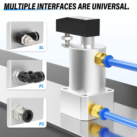 Left Turn Rotary Pneumatic Cylinder showing 20mm bore, aluminum alloy body, 90 degree turn, M5 port, 6mm fittings and multiple interfaces.