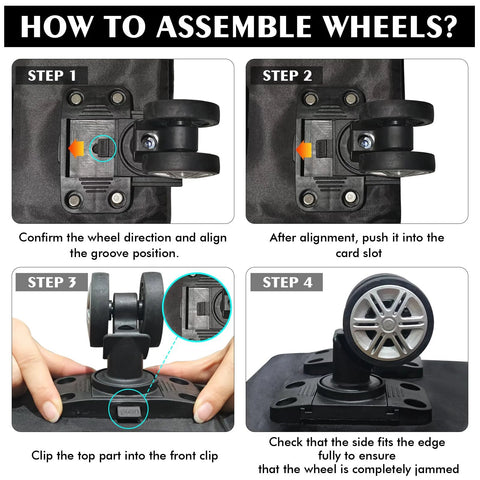 Rolling duffle bag wheel assembly guide; four steps shown from front, side, close-up, and installed views.
