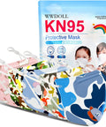 Kids KN95 face mask pack of 50 with five-layer breathable protection, adjustable ear loops, silicone buckles, cute animal print