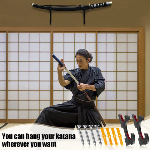 Sword Wall Mount Hanger Set For Adjustable Display Rack For Samurai Swords, Tanto And Cosplay Gear in use by martial artist