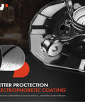 Close-up of front left steering knuckle and wheel bearing hub assembly with electrophoretic coating.