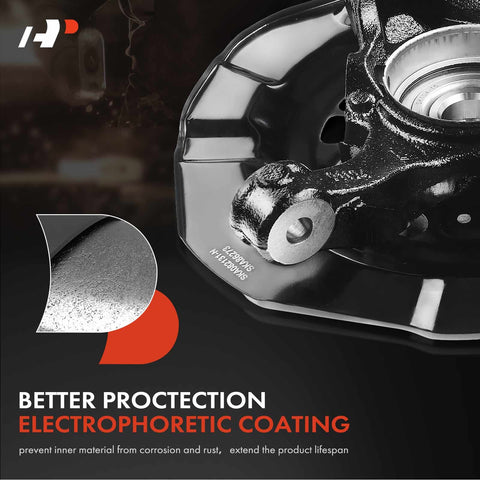 Close-up of front left steering knuckle and wheel bearing hub assembly with electrophoretic coating.