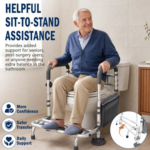 Premium Heavy Duty Toilet Safety Rails for Seniors 500 Lbs Weight Capacity adjustable height aluminum frame, providing sit-to-stand assistance.