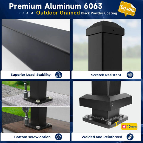 Aluminum Deck Railing Post With Screws, Weatherproof Black Textured AAMA 2604 Powder Coat Finish, 2.56 Inch By 2.56 Inch By 45 Inch Stair Post for Porches and Balconies, premium aluminum coating, black