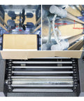 Heavy Duty Automatic Heat Shrink Tunnel Packaging Machine For Pof Pvc Film With Smooth Conveyor Belt And 4500W Motor showing fan and heating elements.