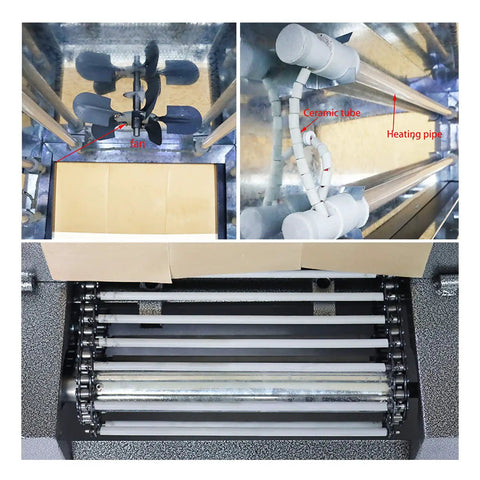 Heavy Duty Automatic Heat Shrink Tunnel Packaging Machine For Pof Pvc Film With Smooth Conveyor Belt And 4500W Motor showing fan and heating elements.