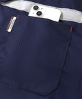 Navy blue rugged lab coat for men for DIY and workshop jobs with pocket detail holding a phone, reflective strip, size large