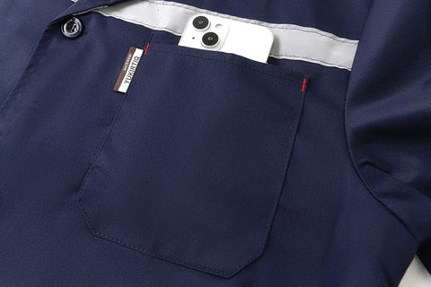 Navy blue rugged lab coat for men for DIY and workshop jobs with pocket detail holding a phone, reflective strip, size large