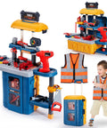 3 In 1 Kids Tool Workbench Set With Battery Drill, Convertible Toddler Tool Bench, includes tools and safety vest, child with vest