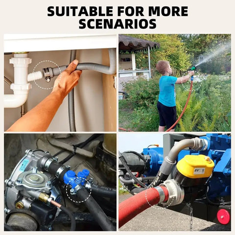Collage showing uses of 150 Piece Stainless Steel Hose Clamp Kit One Quarter To One Half Inch Adjustable Worm Gear Clamps