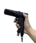 Heavy Duty Pneumatic Riv Nut Gun Kit With Adjustable Speed Trigger And Four Versatile Heads For 10-24, 1/4, 5/16, And 3/8 Inches Plus Extra Mandrels For Serious Pros Who Need A Top Notch Tool. Handheld black pneumatic riv nut gun with air hose connector