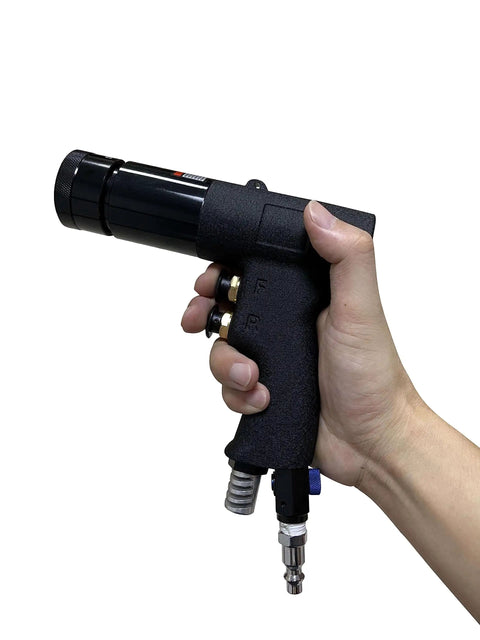 Heavy Duty Pneumatic Riv Nut Gun Kit With Adjustable Speed Trigger And Four Versatile Heads For 10-24, 1/4, 5/16, And 3/8 Inches Plus Extra Mandrels For Serious Pros Who Need A Top Notch Tool. Handheld black pneumatic riv nut gun with air hose connector