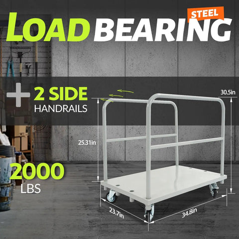 Heavy Duty Flatbed Dolly Cart With 2000 Lb Capacity Steel Platform Truck For Drywall Lumber And Tables, 2 side handrails