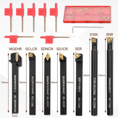 Front view of 21-piece indexable lathe turning tool set with 3/8 in (10 mm) shanks, carbide inserts, and red storage case