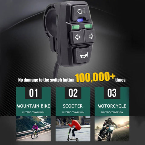All In One 3 In 1 Headlight Horn Turn Signal Switch For Electric Bikes Motorcycles Scooters And ATVs On Off Control With 22mm Handlebar Mount Easy Install Upgrade Your Ride And Keep It Safe with durability icons and usage examples.