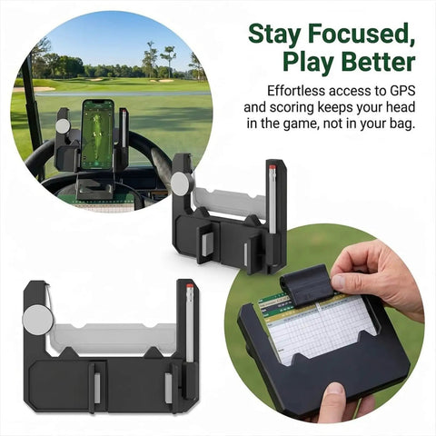 Golf Cart Steering Wheel Phone Holder With Flip Up Design And Scorecard Slot, 360 Degree Adjustable Anti Slip Smartphone Mount For Golf Carts shown in use and detail views