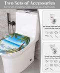 Elongated Toilet Seat Slow Close Quick Release Bathroom with beach scene, includes two sets of accessories for installation.