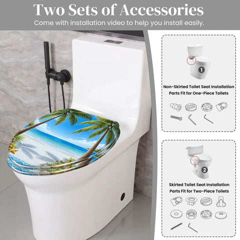 Elongated Toilet Seat Slow Close Quick Release Bathroom with beach scene, includes two sets of accessories for installation.