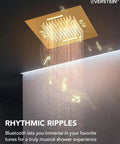 Premium 20 Inch Bathroom Shower System With Built In Bluetooth Speaker And 64 Color Led Mood Lights Brushed Gold overhead rainfall shower head with musical notes.