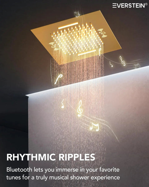 Premium 20 Inch Bathroom Shower System With Built In Bluetooth Speaker And 64 Color Led Mood Lights Brushed Gold overhead rainfall shower head with musical notes.