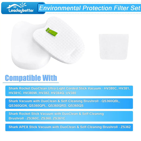 Shark Rocket DuoClean Vacuum Filter Replacement Set for HV380 HV380C HV380W HV381 HV381C HV382 HV384Q UV380 ZS360 ZS360C
