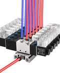 5 Way 3 Position Pneumatic Solenoid Valve With 4V230C08, DC12V Coil, PT1/4 Ports, Manifold Base, Muffler, Quick Fittings Set, Plug And Play Setup And CE Certified showcasing intricate components and wiring.
