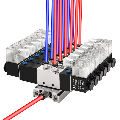 5 Way 3 Position Pneumatic Solenoid Valve With 4V230C08, DC12V Coil, PT1/4 Ports, Manifold Base, Muffler, Quick Fittings Set, Plug And Play Setup And CE Certified showcasing intricate components and wiring.