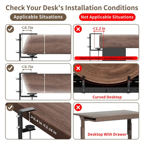 Expandable Under Desk Cable Management Tray Clamp-On installation guide for suitable and unsuitable desk types, featuring illustrations.