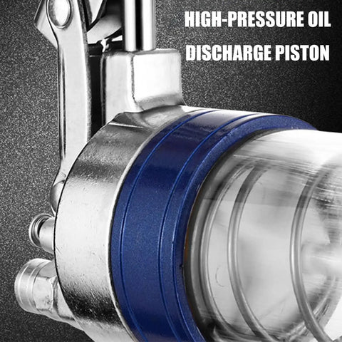 Close-up of Pro Single Lever Grease Tool With Aluminum Body, showing high-pressure oil discharge piston and clear barrel.