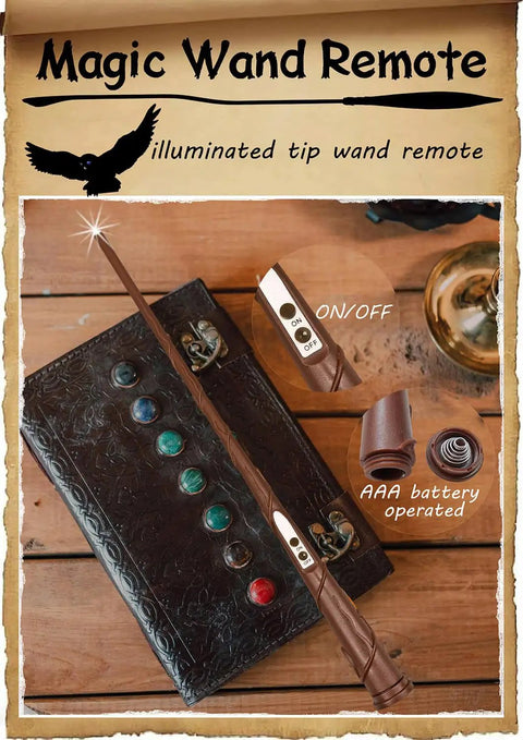Magic Wand Remote with illuminated tip and AAA battery, resting on a decorative book.