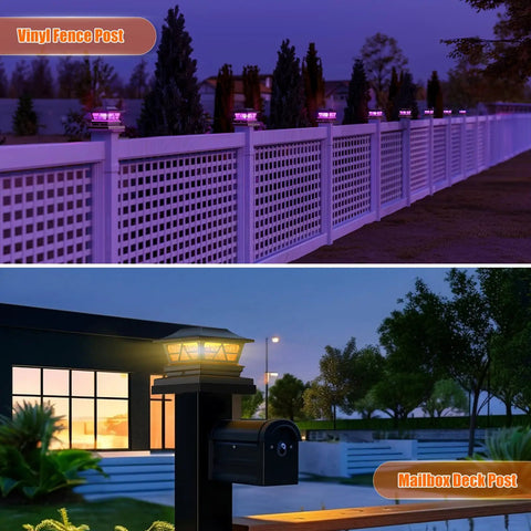 8 Pack Solar Post Cap Lights for Outdoor Deck and Garden on vinyl fence post and mailbox deck post at dusk