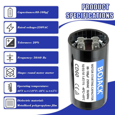 Air Conditioner Hard Start Kit 8333A9021 Replacement Capacitor Kit shown with product specifications and black capacitor
