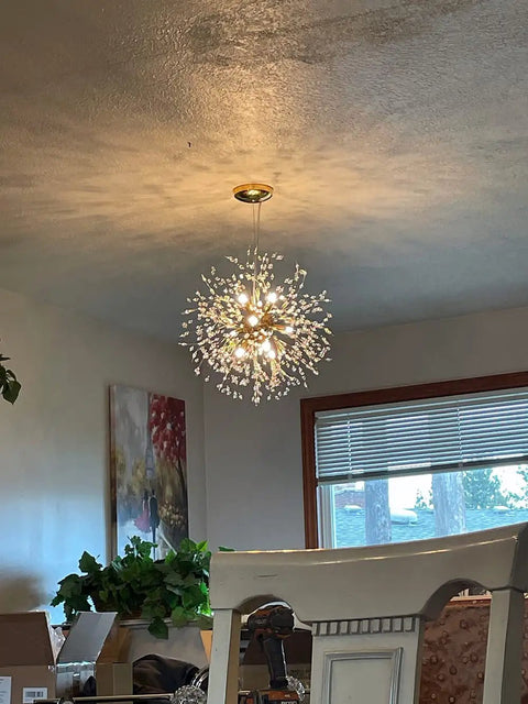 Lit Gold Crystal 9 Light Dandelion Firework Pendant Chandelier With G9 Base Modern Hanging Light Fixture in dining room