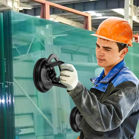 Worker using Beefy 50Lb Heavy Duty Vacuum Lifter For Glass Tile And Mirror, Aluminum Handle With Aviation-Grade Rubber Pads