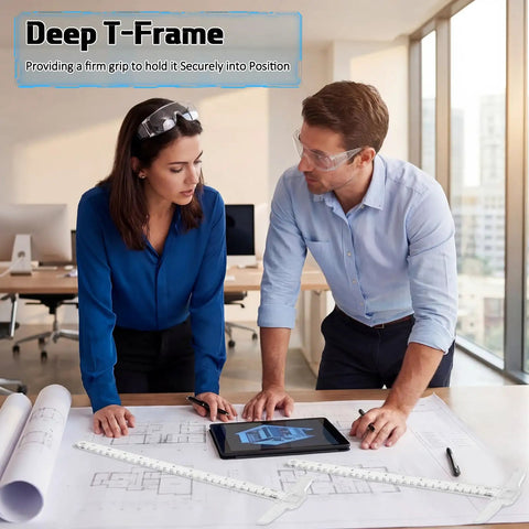Two people using 12 Inch T Square Ruler Transparent Plastic for Drafting and Layout Work with Inches and Metric Calibrations on table.
