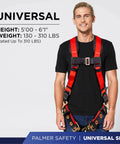 Man wearing 5 Point Fall Protection Harness With Quick Connect Buckle And 3D Ring, Grommet Leg Straps, Sewn In Back Pad, Red Universal