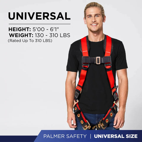 Man wearing 5 Point Fall Protection Harness With Quick Connect Buckle And 3D Ring, Grommet Leg Straps, Sewn In Back Pad, Red Universal