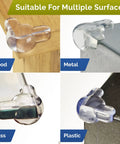 Transparent Baby Corner Protectors With Impact Resistant Edge Guards For Furniture Padding 16 Pack showing use on wood, metal, glass, and plastic.