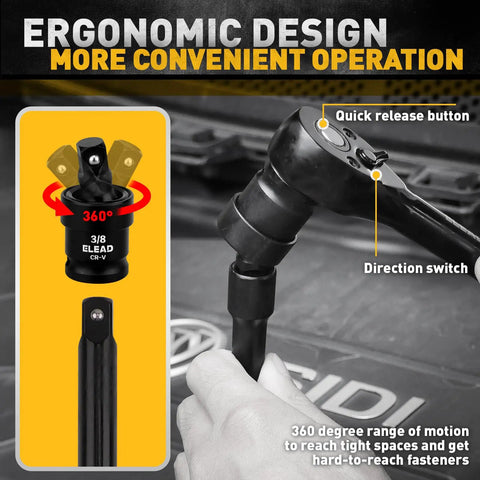 96 Piece Three Eighths Inch Drive Impact Socket Set With SAE Five Sixteenths To Three Quarters Inch And Metric Eight To Twenty Two Mm Sockets Standard And Deep, Ratchet Handle, Bit Set, Universal Joint, Extension Bar, Adapters, And Spark Plug Sockets 3/8" CR-V universal joint