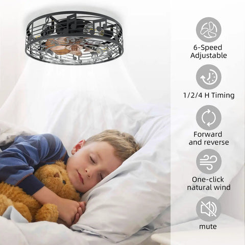 Caged Ceiling Fan With Lights 20 Inch Industrial Farmhouse Cool Vibe Ceiling Fan Light With Remote above sleeping child.